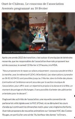 Soirée Couscous - La Dépêche 23/01/2024
